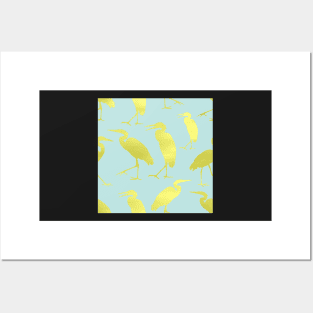 Blue Heron Walking Gold Fill on Light Blue Repeat 5748 Posters and Art